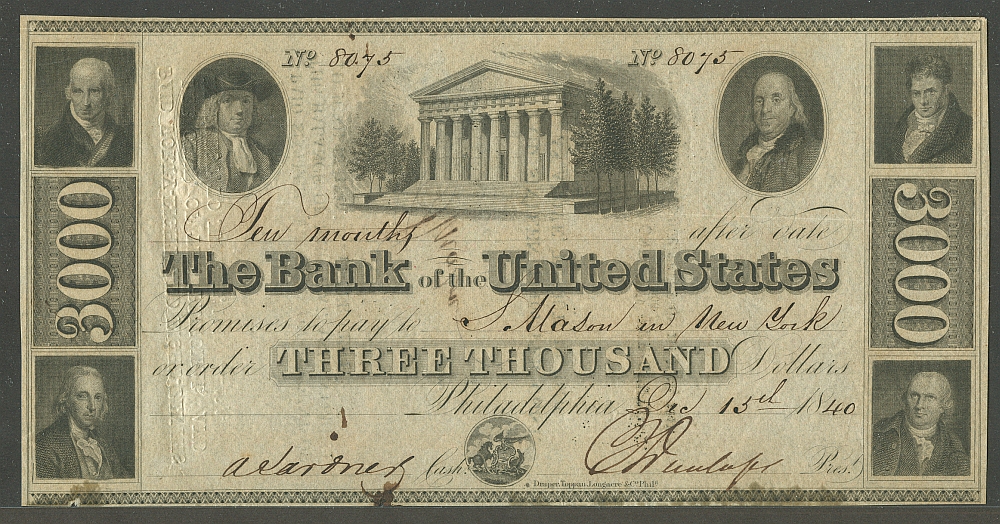 Third Bank of the United States Dec. 15th 1840 $3000 Serial No. 8075